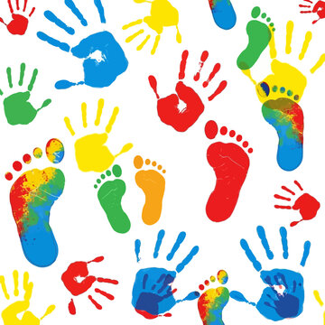 Colorful hand and foot prints on white background