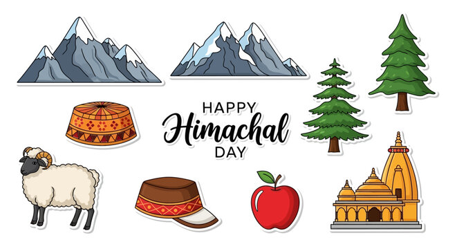 Illustrations celebrate Happy Himachal Day with images of snow-capped mountains, fir trees, a temple, apple, sheep, and traditional Himachali caps, showcasing the state's rich cultural