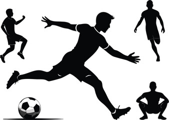 Soccer player kicking ball, athlete silhouette, sport action, football game. © Sadekul