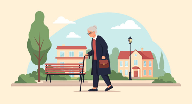 Elderly Woman Walking with a Cane in a Neighborhood Park - Flat Vector Illustration of Senior Lifestyle and Mobility