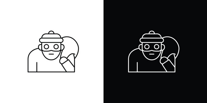 Clean line art icon depicting a masked thief carrying a bag, symbolizing crime, robbery, and illegal activities. Modern security concept illustration