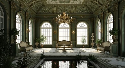 Fototapeta premium Elegant ballroom interior with classical architecture and grand chandeliers