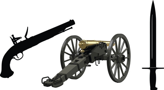 Vintage Weapons Collection Illustration Featuring Flintlock Pistol, Historic Cannon Artillery, and Military Knife Silhouettes Isolated on Clean Background for Design Use