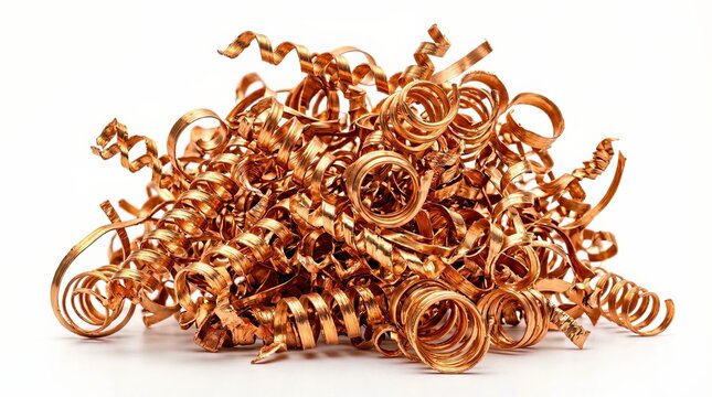 Close-up shot of shiny copper metal shavings and scrap material, highlighting the texture and metallic luster in a clean studio setting, perfect for industrial or material science themes