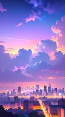 Fototapeta premium Vibrant cityscape at dusk with purple sky and fluffy clouds