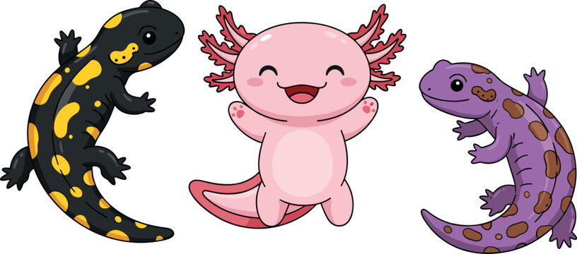 Cute axolotl salamander characters set with colorful amphibians, smiling cartoon aquatic creatures in playful vector illustration