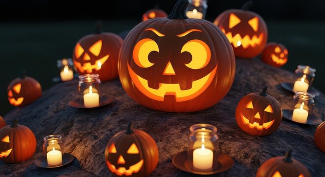 Spooky halloween pumpkin patch with glowing jackolanterns at night