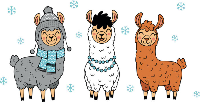 Cute llama alpaca winter characters set with scarf hat and necklace, cartoon animals in cozy seasonal vector illustration