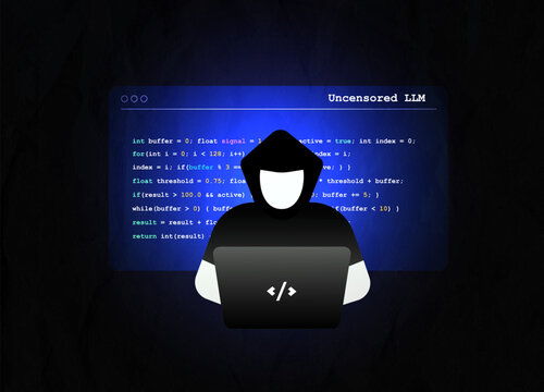 Cyber attack hacker coding activity on laptop with uncensored llm interface. Cyber attack hacker data breach risk, system intrusion and security threat scenario for network protection illustration