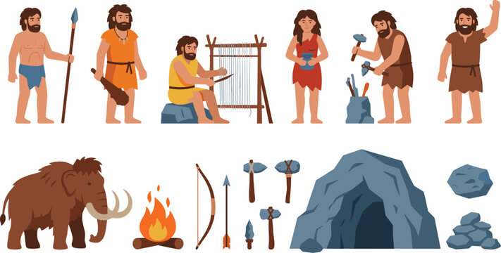 Prehistoric caveman life illustration set, primitive humans hunting weaving and crafting tools with fire and mammoth in cave, ancient survival concept