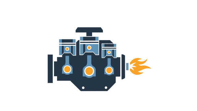Internal combustion engine icon with pistons and exhaust flame in flat design style.