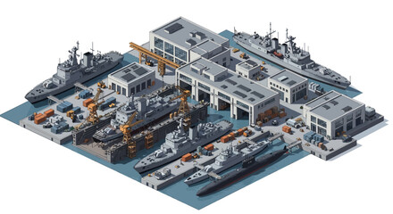A detailed 3D isometric illustration presents a military base with various naval vessels docked along a concrete pier, highlighting the infrastructure of an army compound and its strategic © suparta