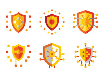 Obraz premium Set of flat design cybersecurity shield icons depicting protection and antivirus