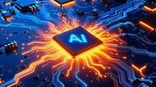 AI chip on glowing circuit board for Digital Transformation and Cyber Infrastructure