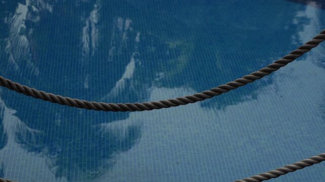 High-angle shot of a blue tiled swimming pool featuring palm trees reflections on the water surface. A thick, dark textured nautical rope crosses the frame in the foreground. Minimalist composition.