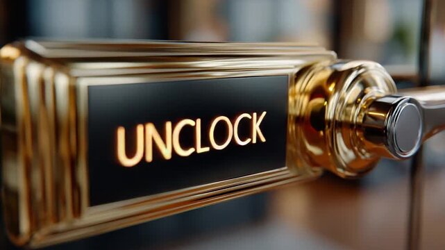Unlock the Future: A gleaming golden lock displaying the word UNLOCK, symbolizing opportunity and access, hints at new beginnings and hidden potential.