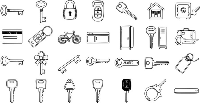 Collection of Hand-Drawn Key Icons: Doodle Vector Set