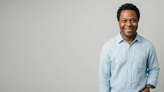 Smiling man with down syndrome in a light blue shirt against a plain grey background. inclusive portrait, happy adult, diverse representation.