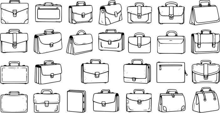 Set of hand-drawn business briefcases outlines. Collection of various office bags, professional work cases, and document holders in doodle sketch style.