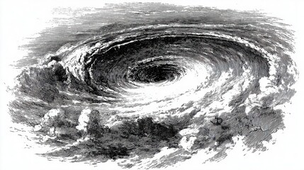 Fototapeta premium Black and white engraving of hurricane spiral powerful storm vortex dynamic nature force dramatic scene