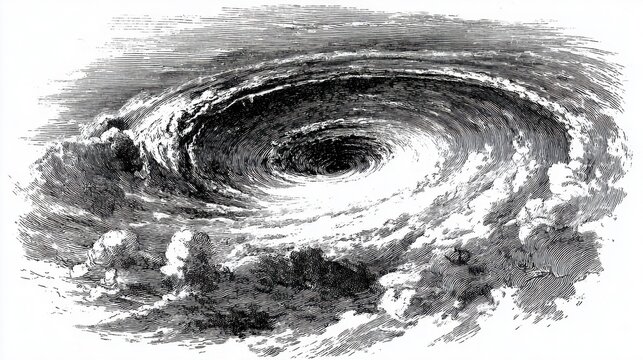 Black and white engraving of hurricane spiral powerful storm vortex dynamic nature force dramatic scene