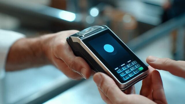 Contactless Transaction: A close-up view of a hand holding a sleek, modern payment terminal. This image captures the essence of a smooth, contactless transaction.