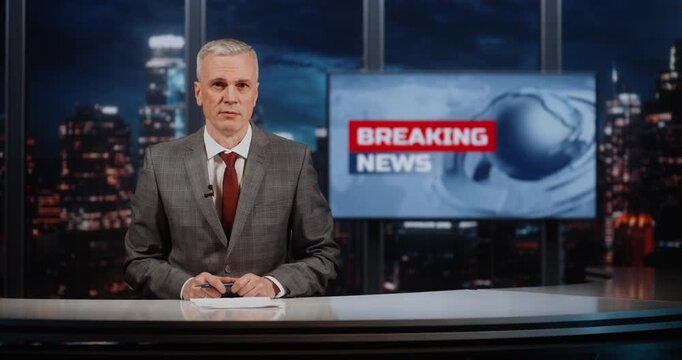 Information Marathon Male Anchor Works in Continuous Broadcast Studio, Promptly Delivering Urgent News With Breaking News Screen. Speed of Reaction and Scale of Media Project, Trusted Journalism.