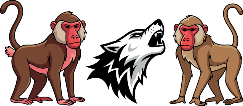 Baboon monkey characters with wolf head logo illustration set cartoon animal vector collection isolated background