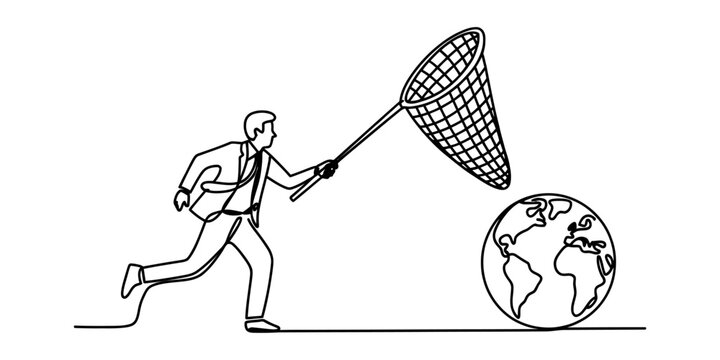 A continuous line drawing of a businessman running to catch the earth with a butterfly net icon Vector, illustration