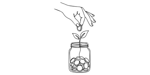 a hand dropping a coin into a glass jar in plant continuous one line drawing, Silhouette hand dropping coin into jar with growing plant vector illustration, jar already containing coins and a growing. © Gerish