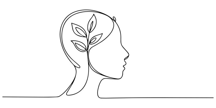 One line of head with brain and leaves. Abstract minimal continuous line isolated on white background, One continuous line drawing of human head with plant inside. Mental health and psychology vector.