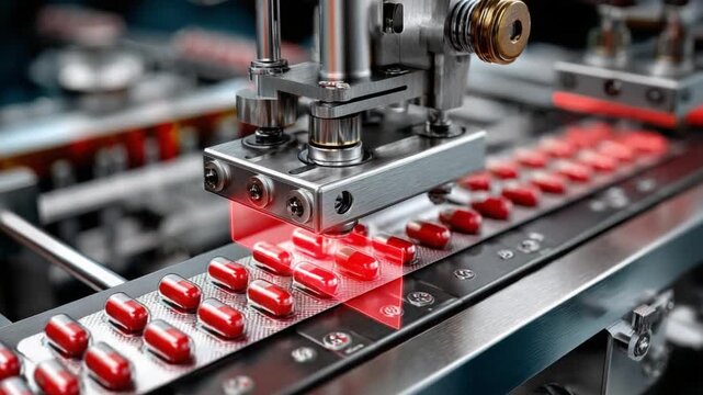 Automation in Healthcare: This image portrays a state-of-the-art automated process within the pharmaceutical industry. The focus is on a high-tech machine packaging medicine