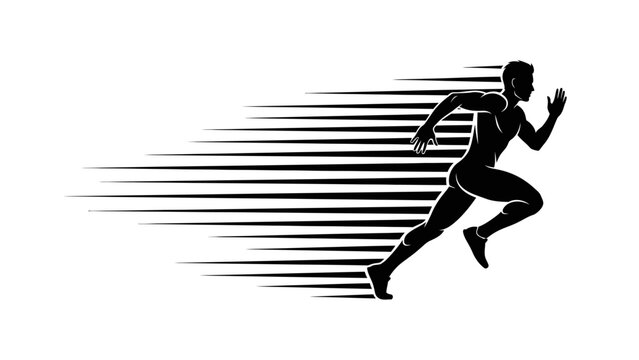 Fast running man silhouette with speed motion lines isolated on white background.
