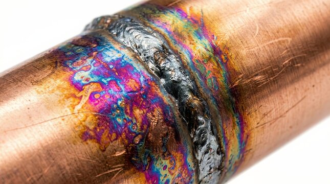Close-up of a perfectly executed copper pipe weld joint, showcasing the vibrant, iridescent heat-affected zone from the industrial welding process