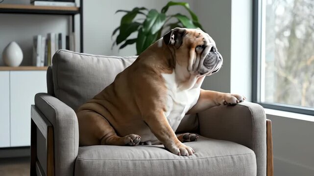 English Bulldog Sitting Relaxed on Armchair in Modern Living Room