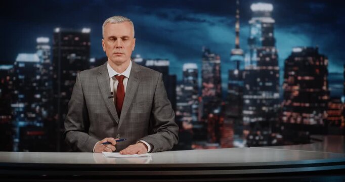 Host to Give Floor to Expert Joining by Phone. Listening Attentively, Man Invites Analysis on Resonant and Controversial Global Issue. Concept Debate, Expert Opinion, and Responsible Media Dialogue.