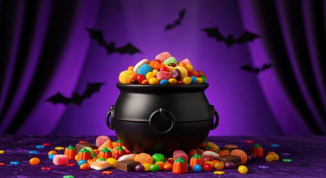 A black cauldron overflowing with colorful halloween candy and scattered around on a table