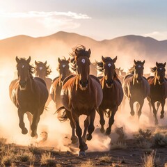 Naklejka premium Wild horses gallop across dusty plains at sunset.