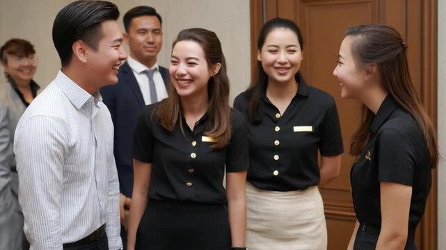 Collaboration and Camaraderie: Group of people engages in cheerful dialogue, showcasing team unity. An atmosphere of connection and happiness pervades, highlighting positive relationships. 