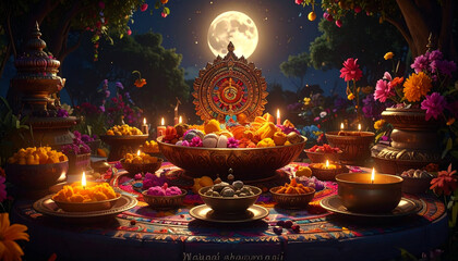 Obraz premium Sacred Full Moon Ritual with Illuminated Diyas and Floral Offerings