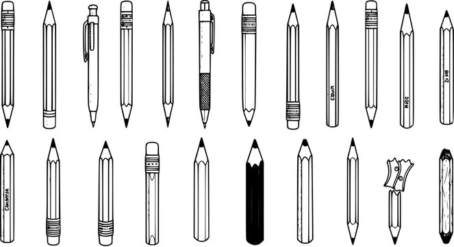 Set of various hand-drawn writing and drawing pencils, including mechanical pencils, and a sharpener in black and white line art style.