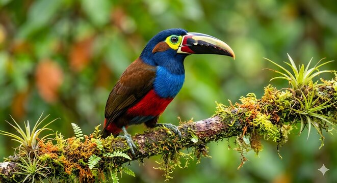 Vibrant Chestnut-eared Aracari toucan with blue, yellow, red plumage perched on mossy branch in tropical rainforest habitat, sharp wildlife photography with natural lighting and colorful feathers deta