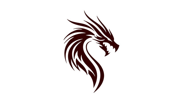 A stylized dragon head with fiery mane and sharp beak set against a clean white background with dark red tones