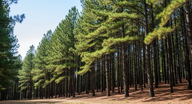 Forest of tall pine trees with green foliage under a clear blue sky