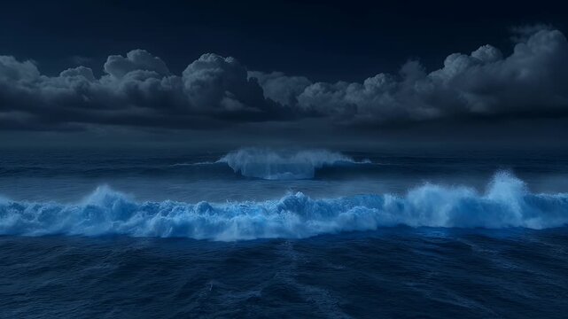 Ocean waves glowing in dark stormy sea.