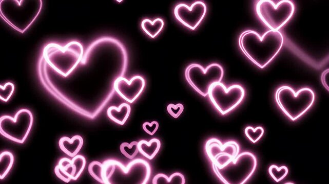 Pink neon glowing hearts rising on a black background