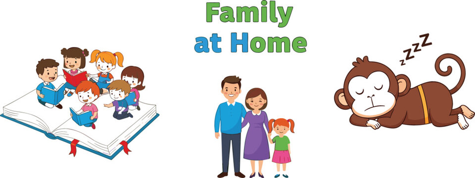 Family at home concept with parents children reading book and sleeping monkey cartoon vector illustration for lifestyle and home activity design