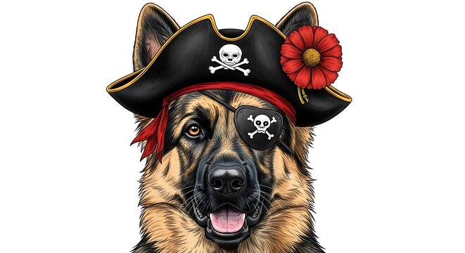 German shepherd dog dressed as a pirate with pirate hat and eye patch