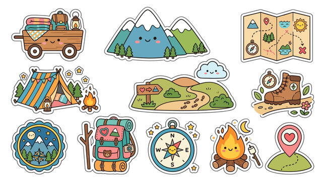 A charming collection of cute cartoon-style stickers depicting various elements of outdoor adventure and camping, including mountains, tents, maps, and campfires.
