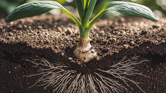Onion bulb with roots and green shoots growing in soil
